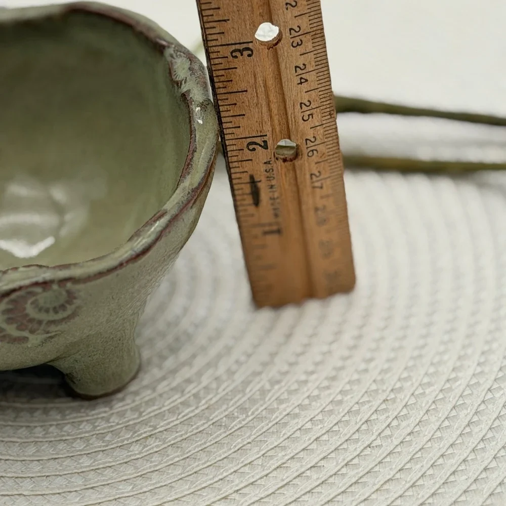 Handmade Studio Pottery Sage Green Glazed Footed Bowl Wavy Rim Wabi Sabi 4.5